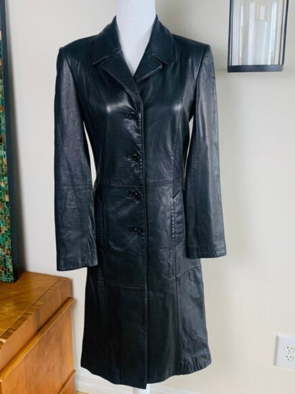 Vintage Black Genuine Leather Long Midi Trench Coat S